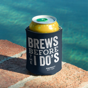 Brews before I Do's navy beer wedding personalized Can Cooler