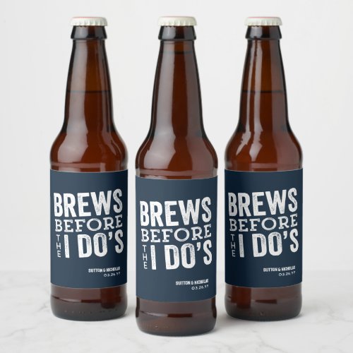 Brews before I Dos navy personalized wedding Beer Bottle Label