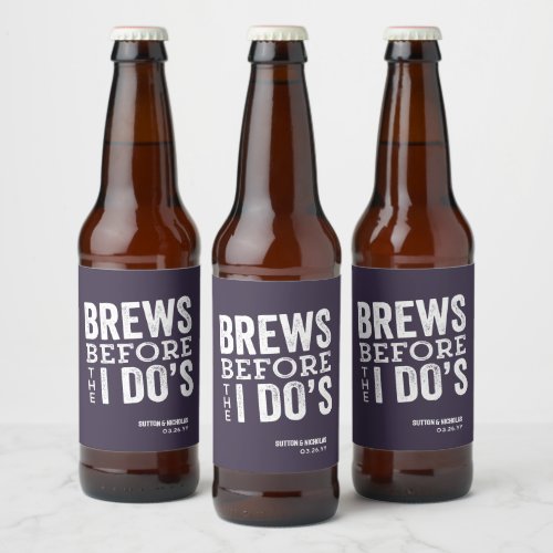 Brews before I Dos purple personalized wedding Beer Bottle Label