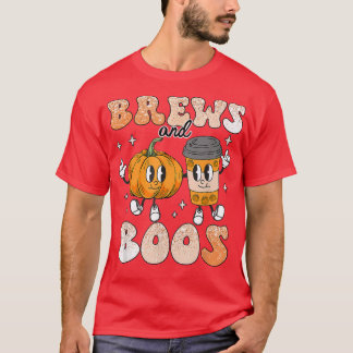 Brews & Boos Cute Fall Coffee Lover Retro Hallowee T-Shirt
