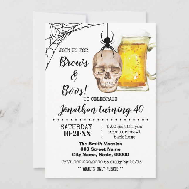 Brews & Boos Halloween Adult Birthday skull beer Invitation (Front)