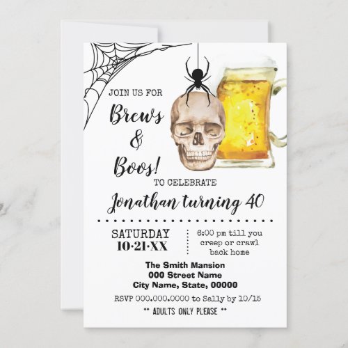 Brews  Boos Halloween Adult Birthday skull beer Invitation