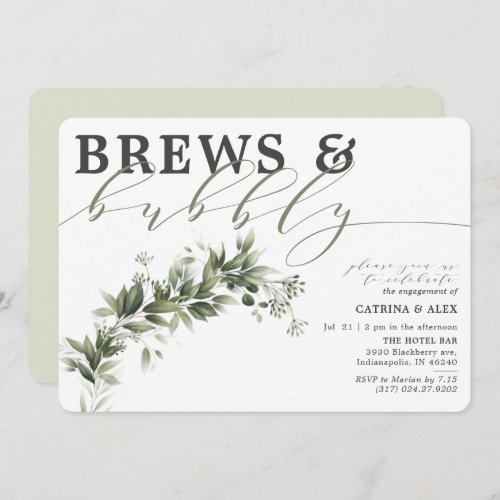Brews  Bubbly Faded Greenery Engagement Party Invitation