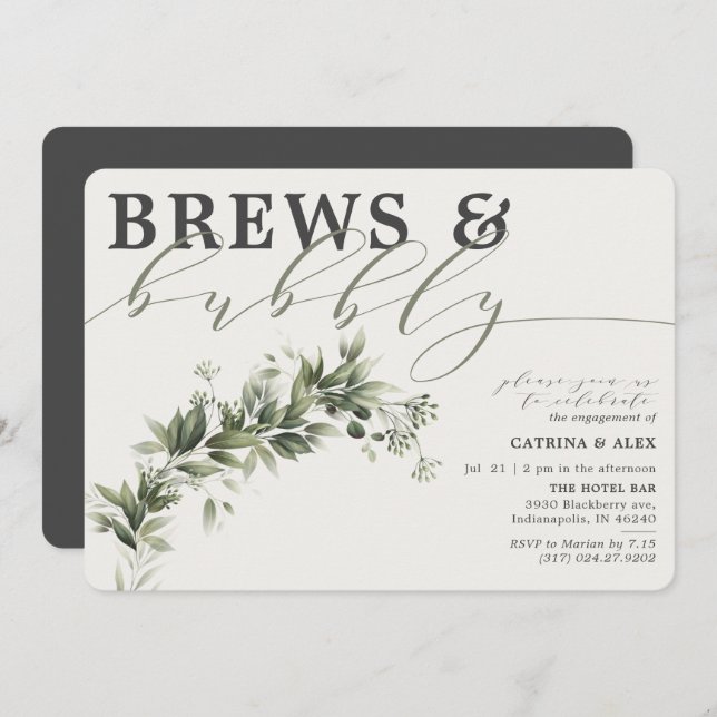 Brews Bubbly Grey Faded Greenery Engagement Party Invitation (Front/Back)