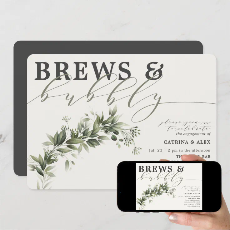 Brews Bubbly Grey Faded Greenery Engagement Party Invitation