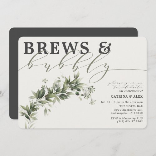 Brews Bubbly Grey Faded Greenery Engagement Party Invitation