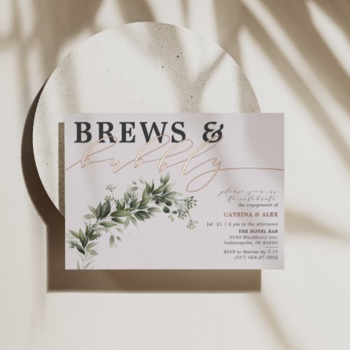 Brews Bubbly Grey Greenery Engagement Party Rose  Foil Invitation
