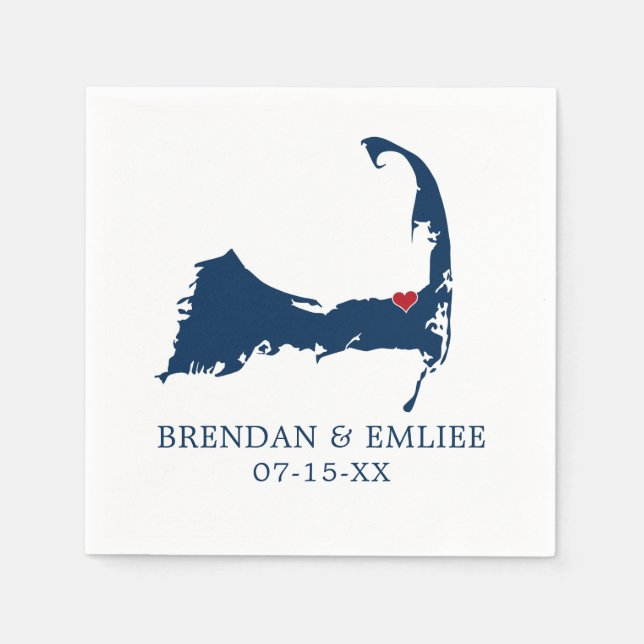 Brewster Cape Cod Map Blue and Movable Red Heart Napkins (Front)