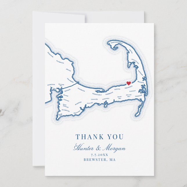 Brewster MA Cape Cod Map Wedding Photo  Thank You Card (Front)