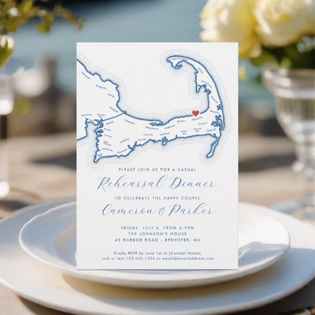 Brewster MA Casual Wedding Rehearsal Dinner Invitation (Brewster MA Casual Cape Cod Wedding Rehearsal Dinner Invitation in Navy Blue from Coastal Map Design)
