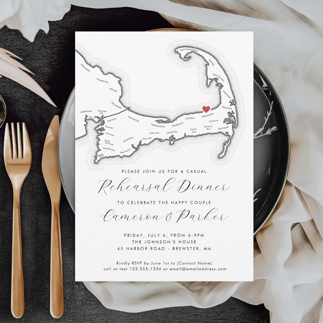 Brewster MA Casual Wedding Rehearsal Dinner Invitation (Brewster MA Casual Wedding Rehearsal Dinner Invitation in Black and White from Coastal Map Designs)