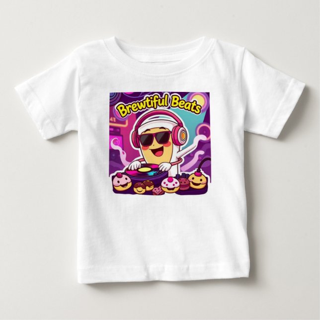 "Brewtiful Beats – DJ Coffee Cup Cartoon Sticker" Baby T-Shirt (Front)