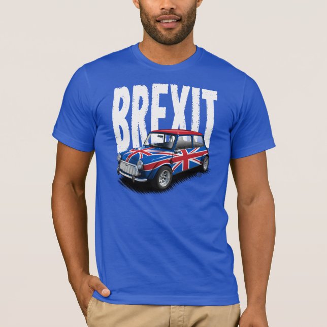 Brexit Classic Mini Car on Blue T-Shirt (Front)