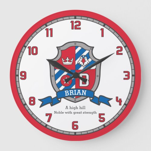 Brian name meaning heraldry shield letter B bird Large Clock