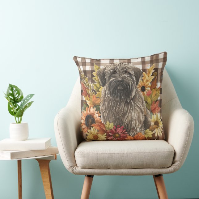 Briard Dog Fall Watercolor Flowers Throw Pillow (Chair)