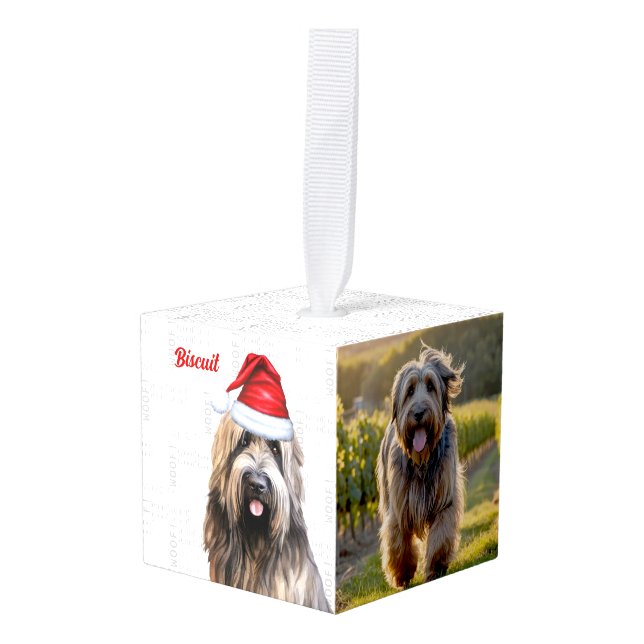 Briard Dog Two Photo Holiday Cube Ornament (Front Angled)