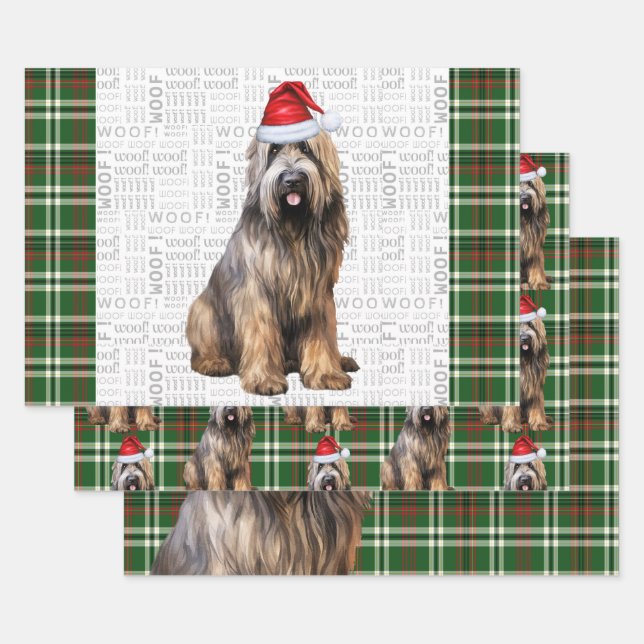 Briard Shepherd Christmas Dog Green Plaid Wrapping Paper Sheets (Set)