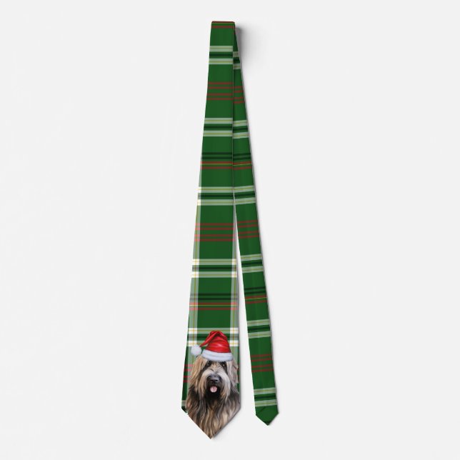 Briard Shepherd Dog and Green Plaid Christmas Neck Tie (Front)
