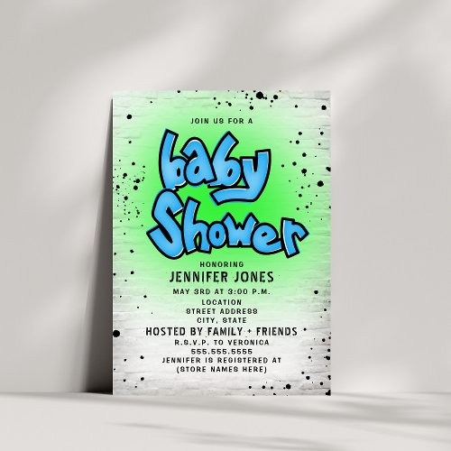 Brick Blue Green Graffiti 90s Hip Hop Baby Shower Invitation