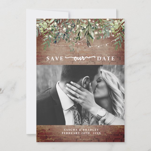 Brick Botanical String Lights Photo Wedding Save The Date (Front)