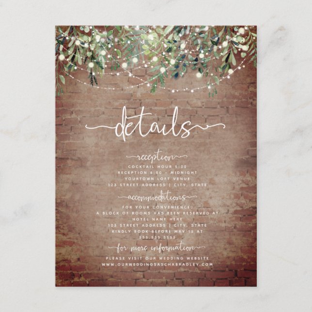 Brick Botanical Wedding Greenery Lights Details Enclosure Card (Front)