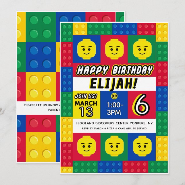 Brick Builder Block Man Customizable Invitation (Front/Back)