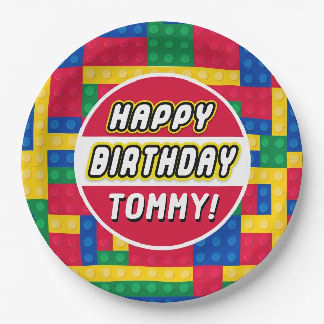 Brick Builder Customizable Birthday party Paper Plates (Front)