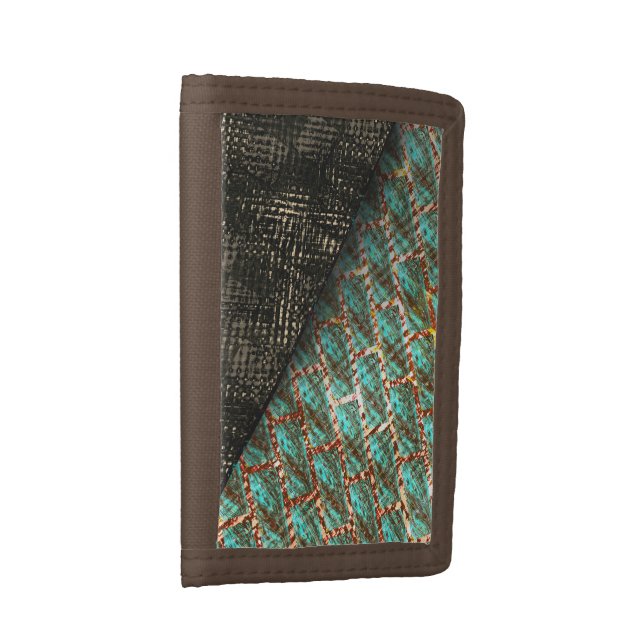 Brick effect light blue spotted, dark brown detail trifold wallet (Side)