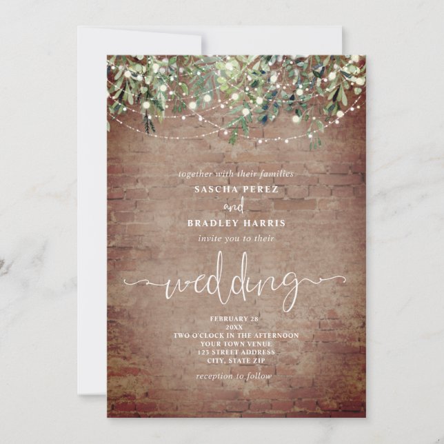 Brick Greenery String Lights Wedding Invitation (Front)
