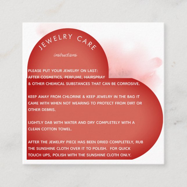 Brick Heart Arch Jewelry Care Instruction Thanks Square Business Card (Front)