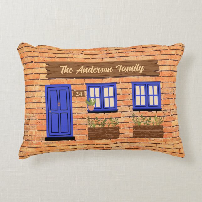 Brick House with Blue Door Custom Text Accent Pillow (Front)
