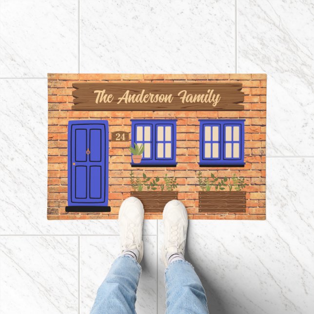 Brick House with Blue Door Custom Text Doormat (Indoor)
