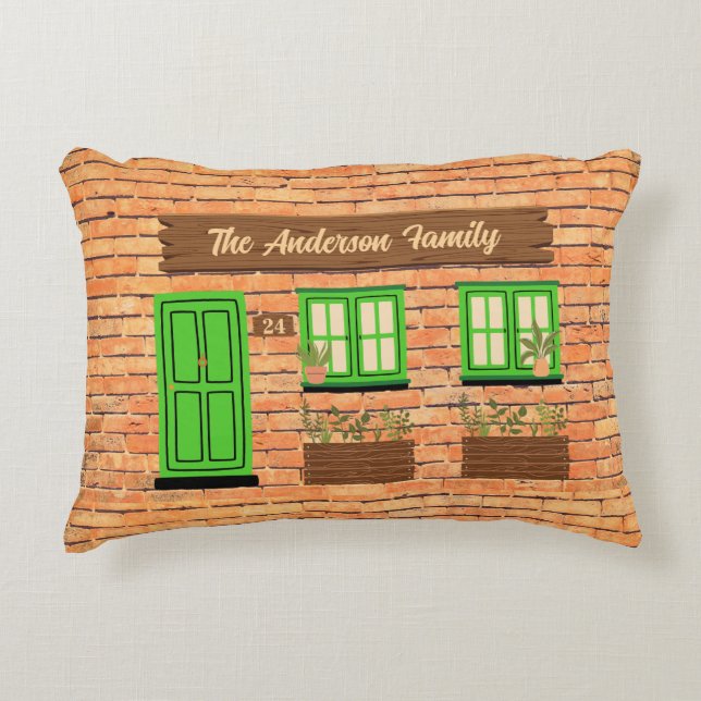Brick House with Green Door Custom Text Accent Pillow (Front)