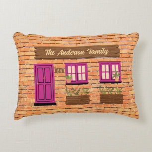 Brick House with Pink Door Custom Text Accent Pillow