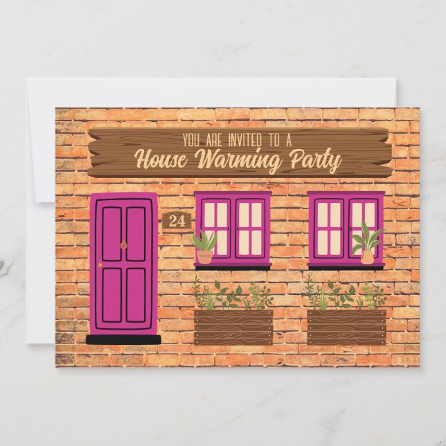 Brick House with Pink Door House Warming Party Invitation (Front)