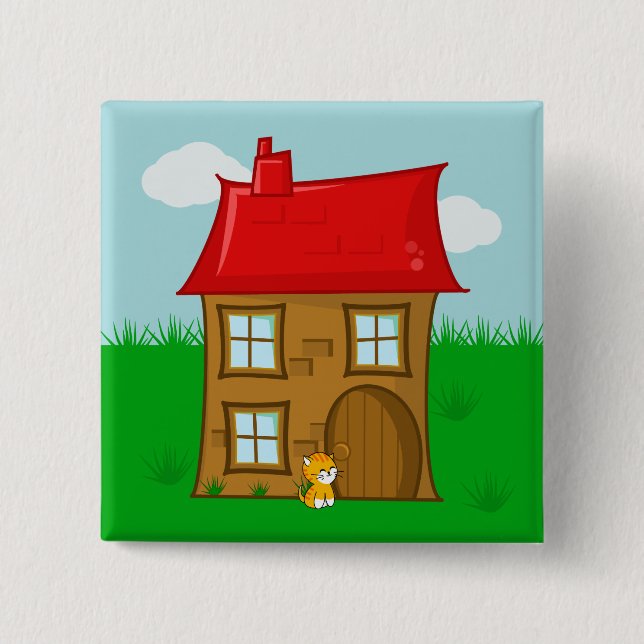 Brick House with Red Roof and Ginger Cat Button (Front)
