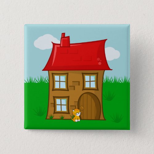 Brick House with Red Roof and Ginger Cat Button