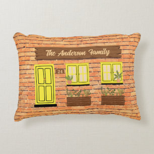 Brick House with Yellow Door Custom Text Accent Pillow