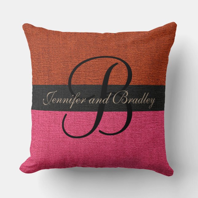 Brick Red and Pink Elegant Monogram Wedding Throw Pillow (Front)