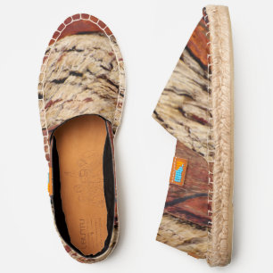 brick red and tan abstract with black liner espadrilles
