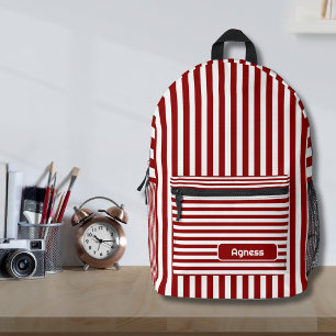 Brick Red and White Vintage Striped Name Printed Backpack