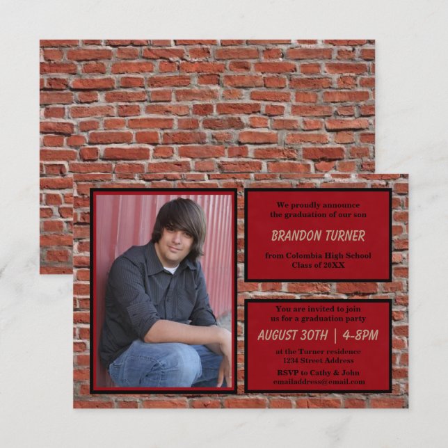 Brick, Red & Black with Photo-3x5Grad Announcement (Front/Back)