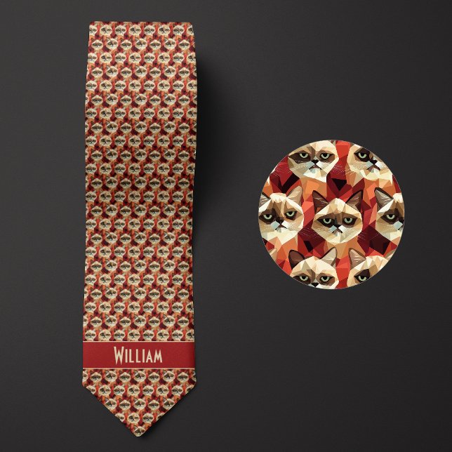 Brick Red Geometric Cat Pattern Neck Tie (Creator Uploaded)