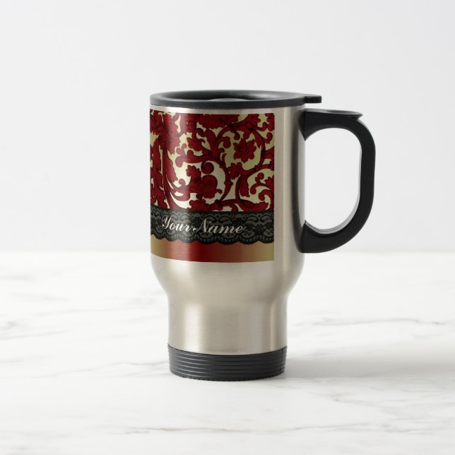Brick red & gold damask travel mug (Right)