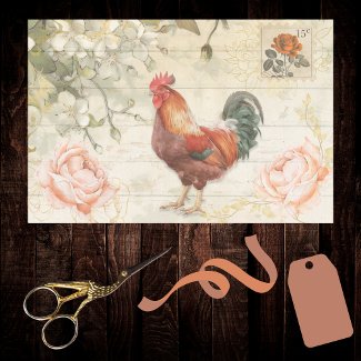 Brick Red Green Rooster Farmhouse Chic with Roses 