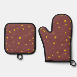 Brick Red Japanese Dandelion Floral Pattern Oven Mitt & Pot Holder Set