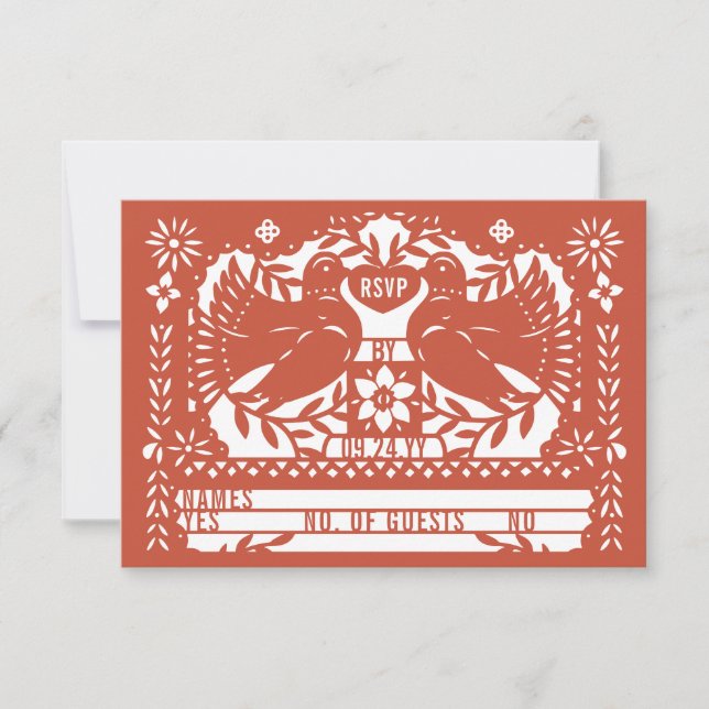 Brick Red Mexican Fantail Doves Papel Picado RSVP Card (Front)