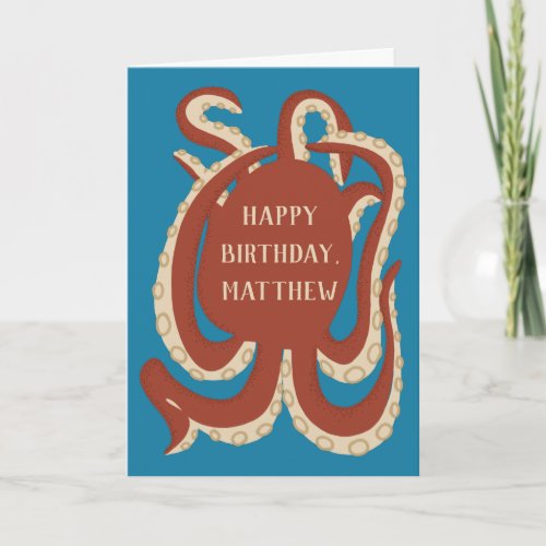 Brick Red Octopus Sea Themed Birthday Card