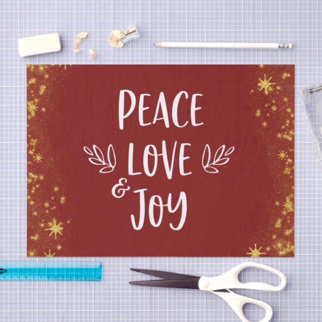 Brick Red Peace Love Joy Christmas Gold Stars Tissue Paper (Craft)