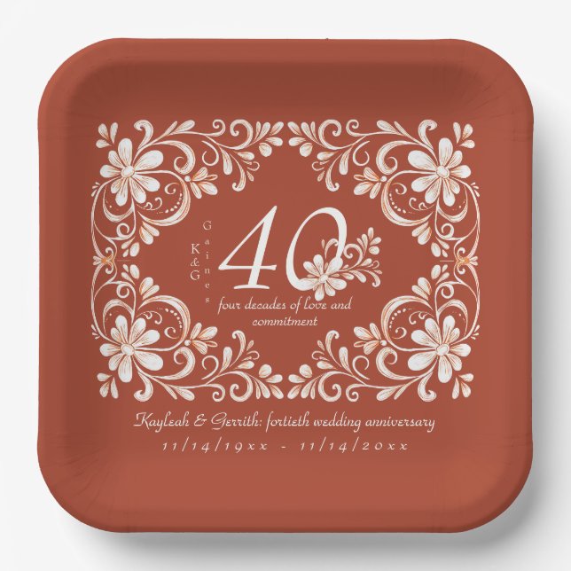 Brick Red Shabby Chic 40 Anniversary Plate (Front)